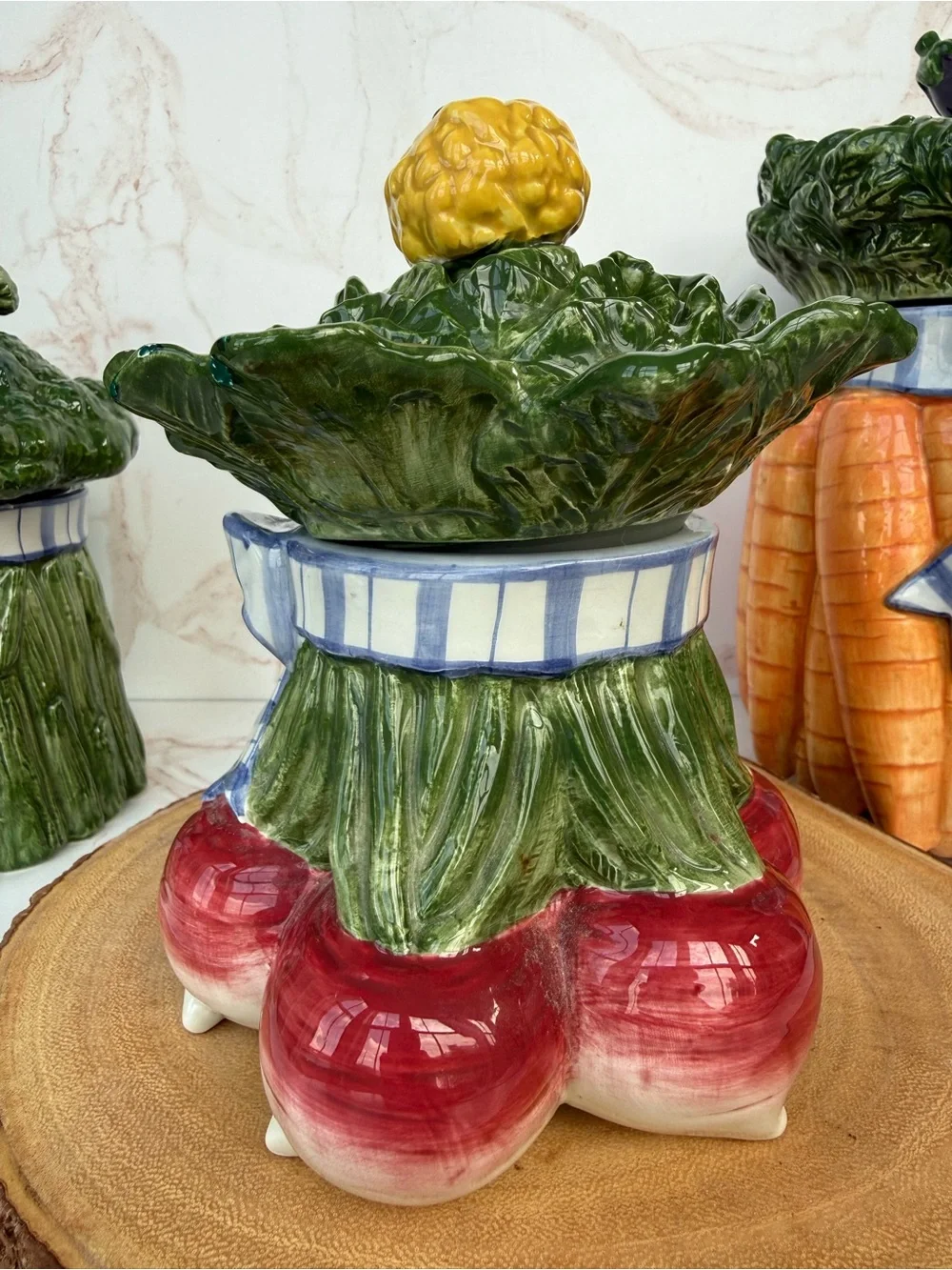Vintage Fitz and Floyd Vegetable Bowquet Ceramic Kitchen Canister Set Majolica